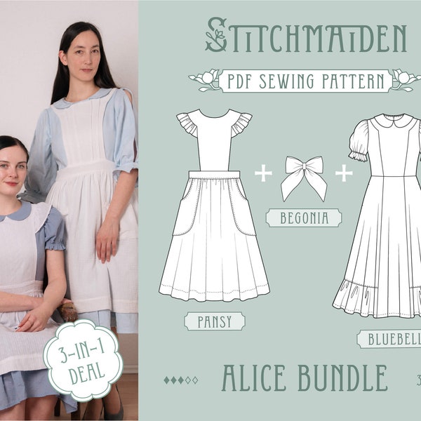 Alice Bundle | EU 34-46 | PDF Sewing pattern | Instant download A4, US Letter, A0 pattern | Best Deal - 3 Patterns in 1 (Dress, Apron, Bows)