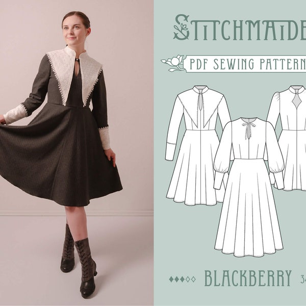 Blackberry Dress | EU 34-46 | PDF Sewing pattern | Instant download A4, US Letter, A0 pattern | 3 versions witchy long sleeve winter dress