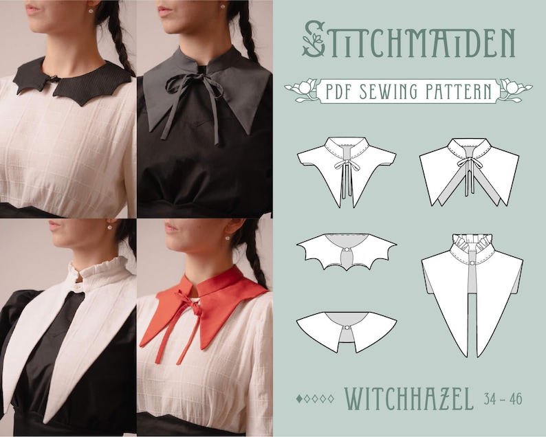 May include: A selection of detachable collars in black, grey, white, and red, alongside a PDF sewing pattern. The pattern includes illustrations of various collar designs. Text includes "Stitchmaiden" and "Witchhazel".
