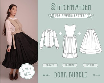 Dora Bundle | EU 34-46 | PDF Sewing pattern | Instant download A4, US Letter, A0 pattern | Best Deal - 3 in 1 (Pinafore, Skirt, Blouse)