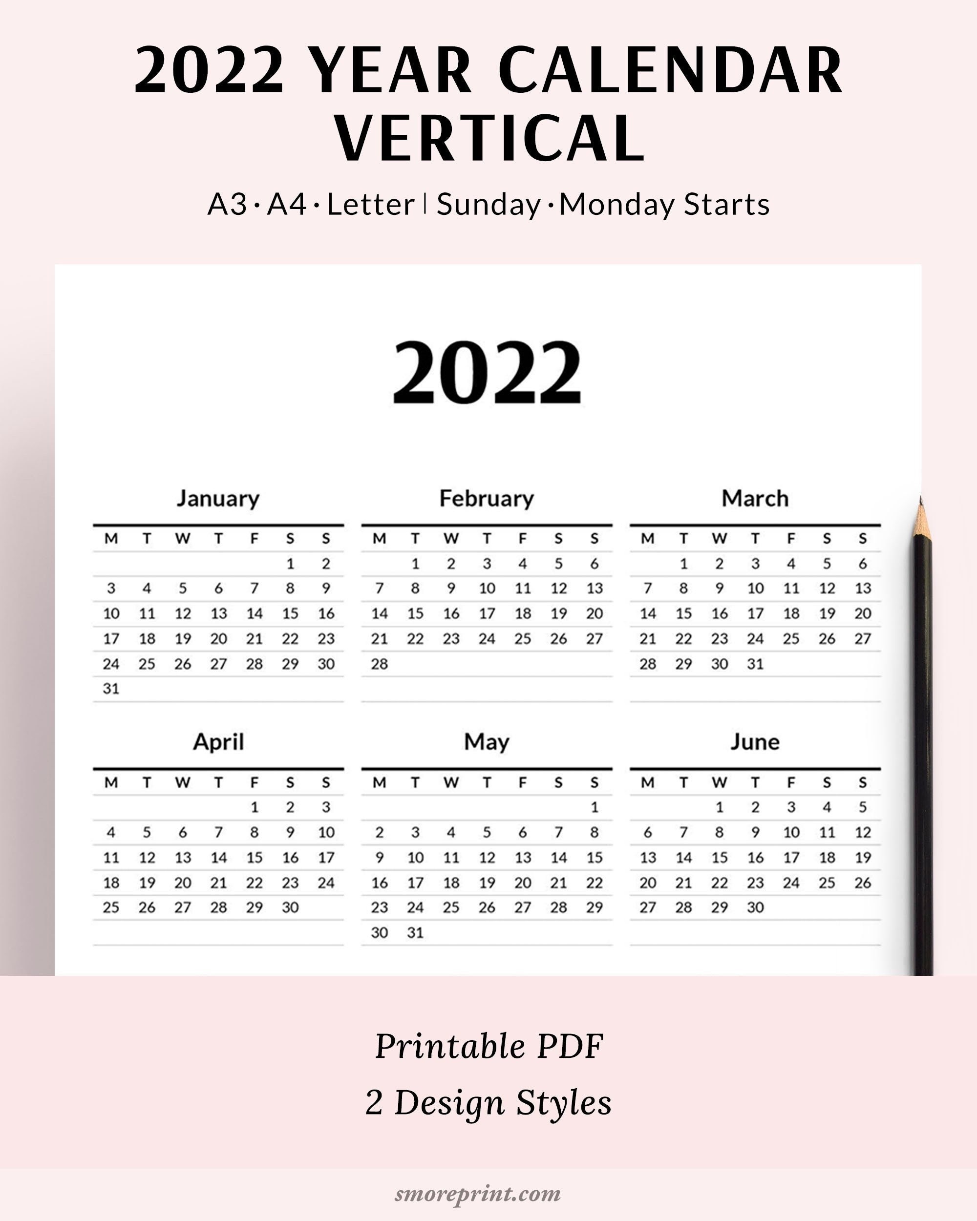 yearly wall calendar 2022 printable 2022 year desk calendar etsy