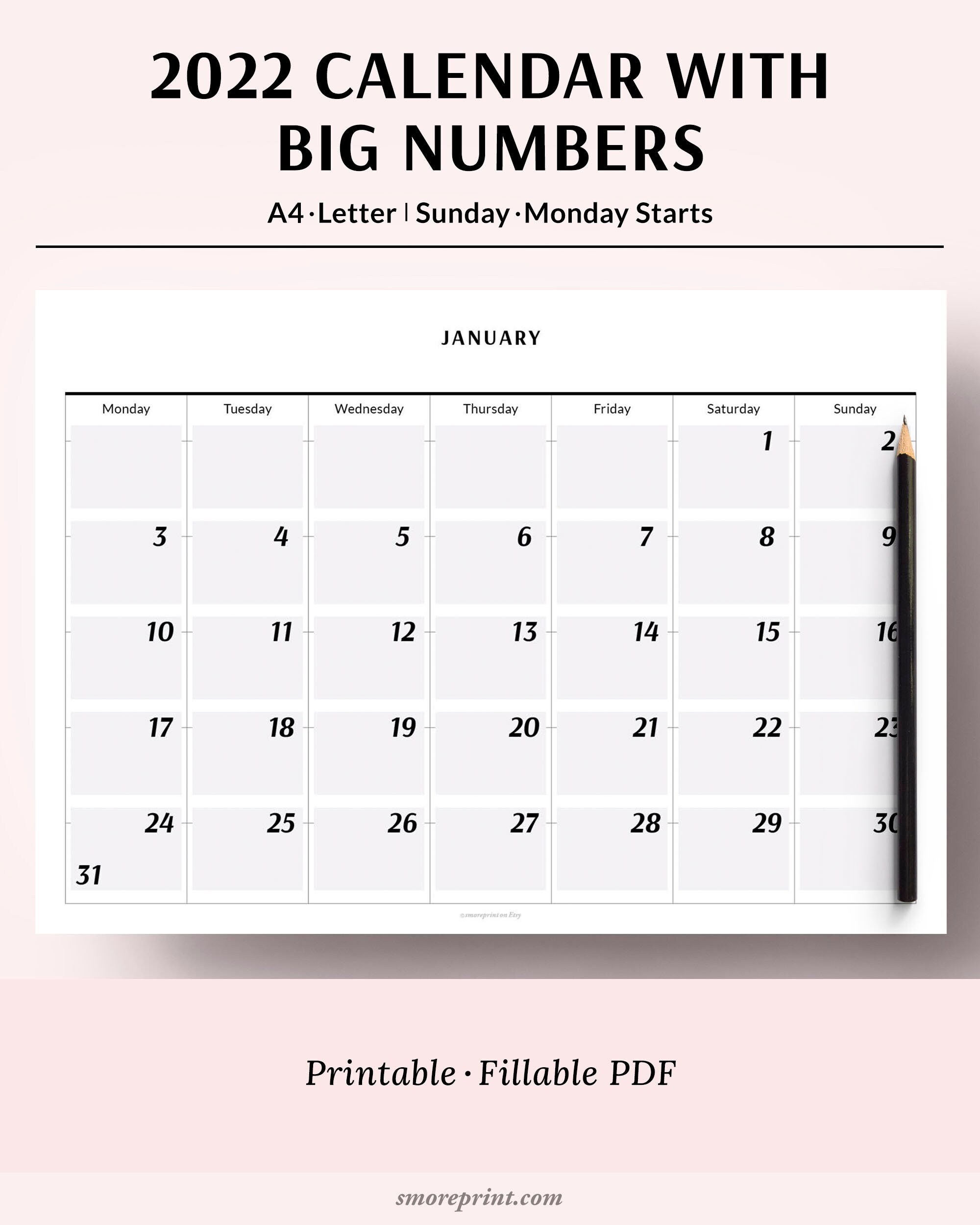 Ub 2022 Calendar 2022 Calendar With Big Numbers For Freelancers Large Number | Etsy