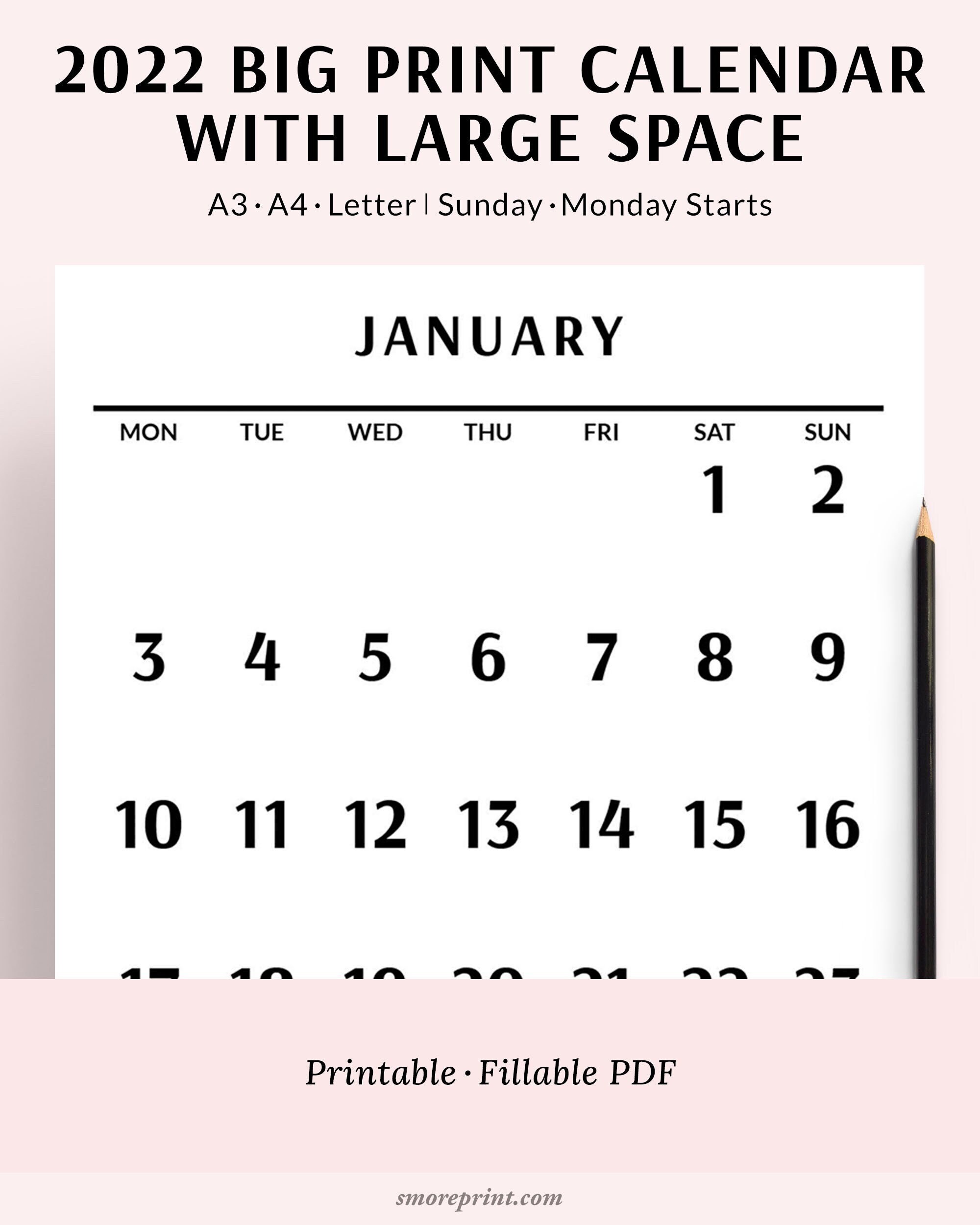 2022 big print calendar printable large number monthly 2022 etsy