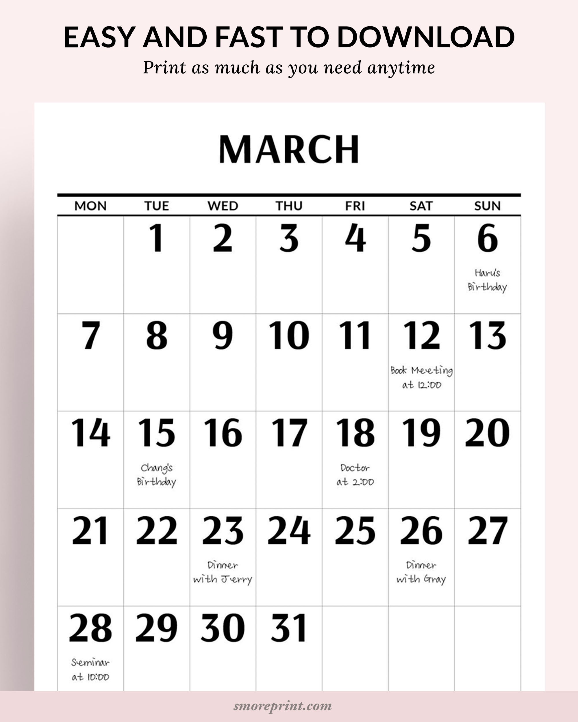 2022 monthly wall calendar printable large number monthly etsy