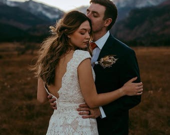 QUEEN MELISSA - CHAMPAGNE | Boho Wedding Dress | Lace Cap Sleeve Gown | Custom Size Bridal Gown | Handmade Crochet Wedding Dress