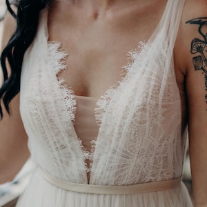QUEEN SIERRA | Tulle and Lace A-Line Wedding Dress | French Eyelash Lace Gown with Open Back | Lightweight Bridal Dress | by Queen Bridal