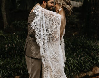 QUEEN LAUREN | Lace Batwing Sleeve Boho Wedding Dress | Customizable Graphic Flowy Lace Bridal Dress | by Queen Bridal