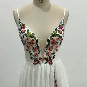QUEEN SAMANTHA | Ivory Chiffon Wedding Dress with Colorful Floral Lace | Customizable | Lightweight Boho Style