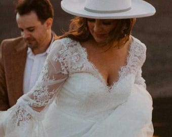 QUEEN JORDAN | Soft Tulle and French Lace Wedding Dress | Long Sleeve Boho Bridal Gown | Customizable Romantic Bridal Dress |  Queen Bridal