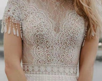 QUEEN JACKIE | Short Cap Sleeve Wedding Dress with Tassel Trim & Soft Boho Lace – Keyhole Back with Tulle Train | by Queen Bridal