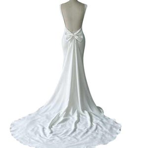 QUEEN MARIAH | Classic Soft Crepe Wedding Dress | Open Back Gown with Removable Bow Train | Customizable Bridal Gown | Queen Bridal