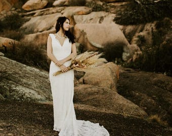 QUEEN MELISSA- IVORY | Boho Wedding Dress | Lace Cap Sleeve Gown | Custom Size Bridal Gown | Handmade Crochet Wedding Dress