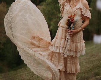 Boho Tiered Lace Wedding Dress | Fairytale Off Shoulder Gown with Criss-Cross Tie Back | A-Line Bridal Dress | Queen Holly by Queen Bridal