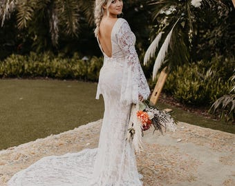 QUEEN MIRIAM | Boho Bell Sleeve Lace Wedding Dress | Bridal Gown with Fishtail Train | Customizable Handmade Gown by Queen Bridal