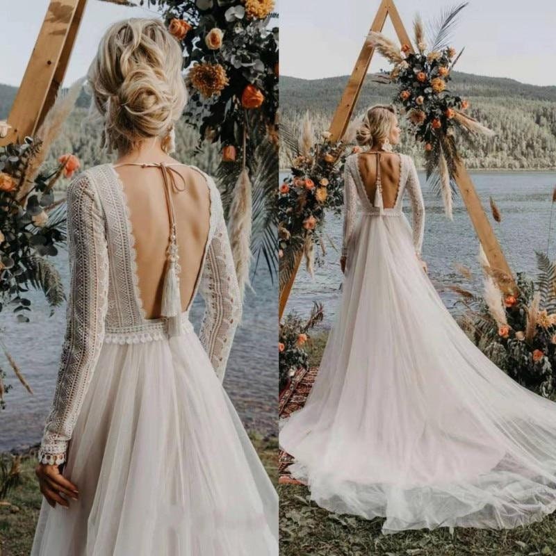 Long Sleeve Lace Wedding Dress, Boho Chiffon and Lace Wedding