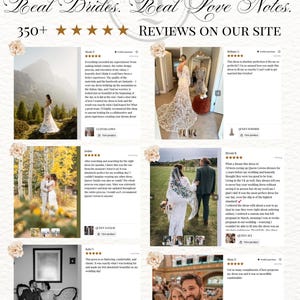 May include: A promotional image for QueenGowns.com featuring multiple customer reviews. The image showcases various wedding dresses, with text overlayed stating "Trusted by Thousands of Brides" and "Real Brides. Real Love Notes."