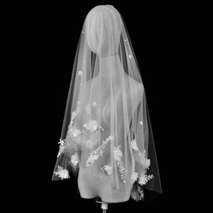 Blossom 3D Floral Wedding Veil – Romantic Drop Veil with Blusher | Two-Tier Veil | Available in Ivory or White | Customize | Queen Bridal
