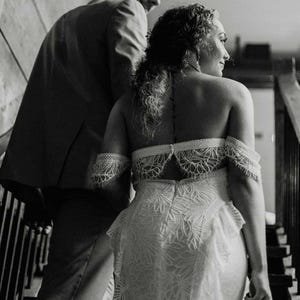 QUEEN ALEX | Lace Boho Wedding Dress | Off Shoulder Gown with Open Back | Customizable Bridal Dress with Soft Light Lace | Queen Bridal