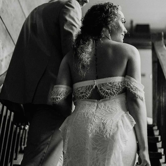 QUEEN ALEX | Lace Boho Wedding Dress | Off Shoulder Gown with Open Back | Customizable Bridal Dress with Soft Light Lace | Queen Bridal