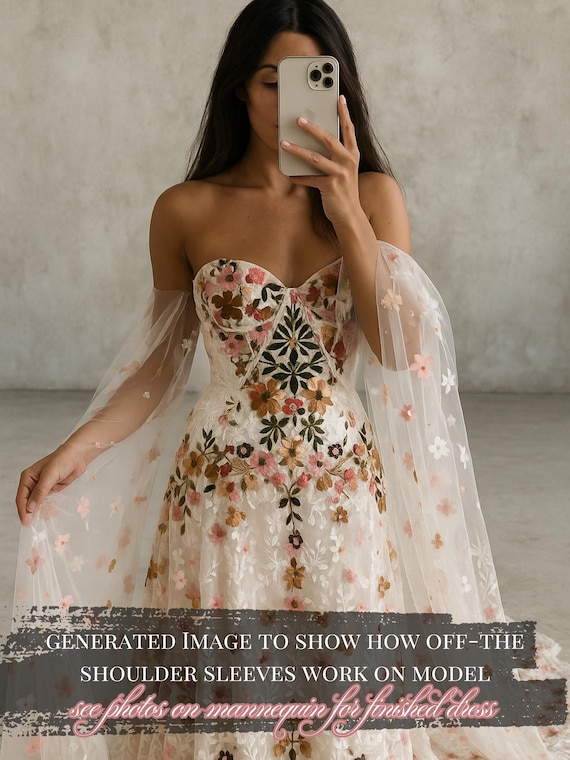 QUEEN LOLA | Colorful Floral Wedding Dress – Embroidered Bridal Gown with Removable Sleeves | Boho Wedding Dress with Train | Queen Bridal