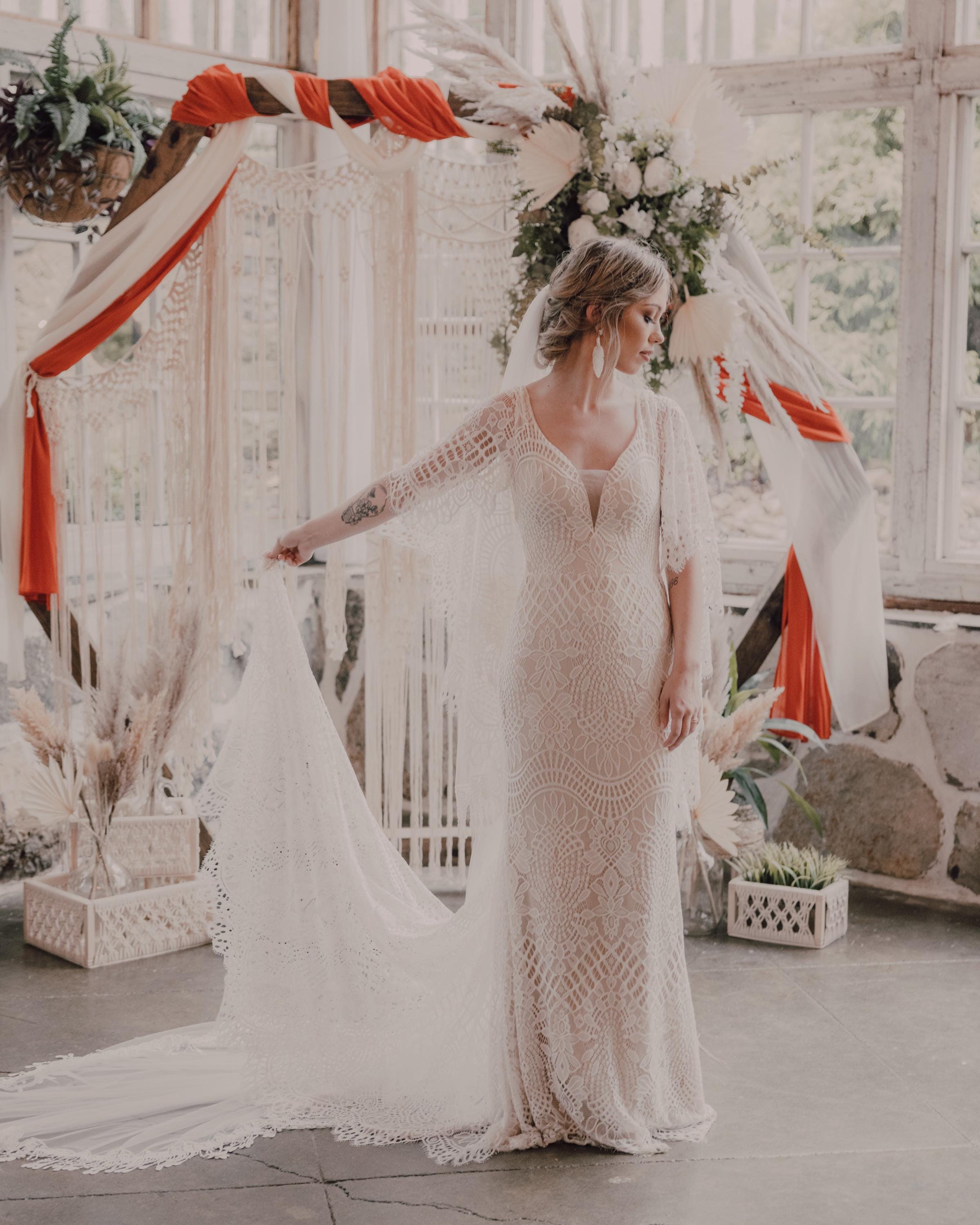 Queen LAUREN | Lace Batwing Sleeve Boho Wedding Dress | Customizable Graphic Flowy Lace Bridal Dress | by Queen Bridal