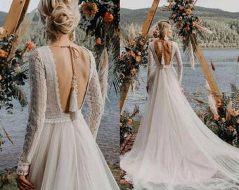 QUEEN ILEANA | Boho Lace Long Sleeve Wedding Dress with Layered Tulle Skirt | Tassel Tie and Open Back | by Queen Bridal