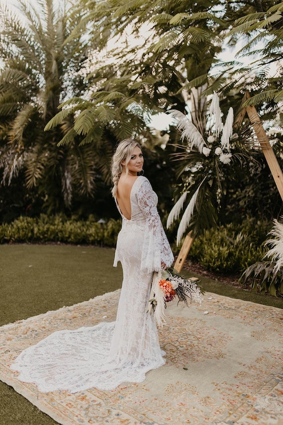Queen MIRIAM | Boho Bell Sleeve Lace Wedding Dress | Bridal Gown with Fishtail Train | Customizable Handmade Gown by Queen Bridal