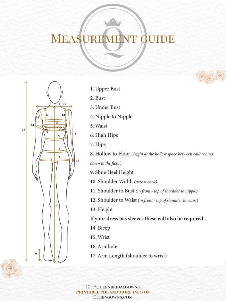 May include: A measurement guide for bridal gowns, featuring a diagram of a woman with labeled measurement points. The guide includes measurements such as bust, waist, hips, and arm length. Text at the bottom provides Instagram and website information.