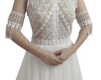 QUEEN KELSEY | Arm Cuff Halter Top Boho Wedding Dress | Crochet Lace Gown with Tassels & Tulle Skirt | Customizable Bridal Dress