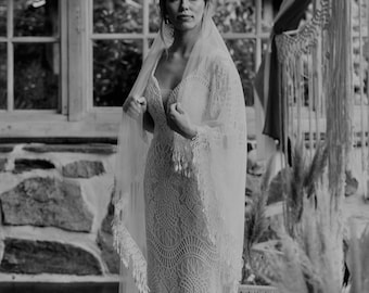 Boho Wedding Veil with Tassels | Two Layer Blusher Veil | Ivory or White | Customizable Boho Bridal Veil Double Layered | Queen Bridal