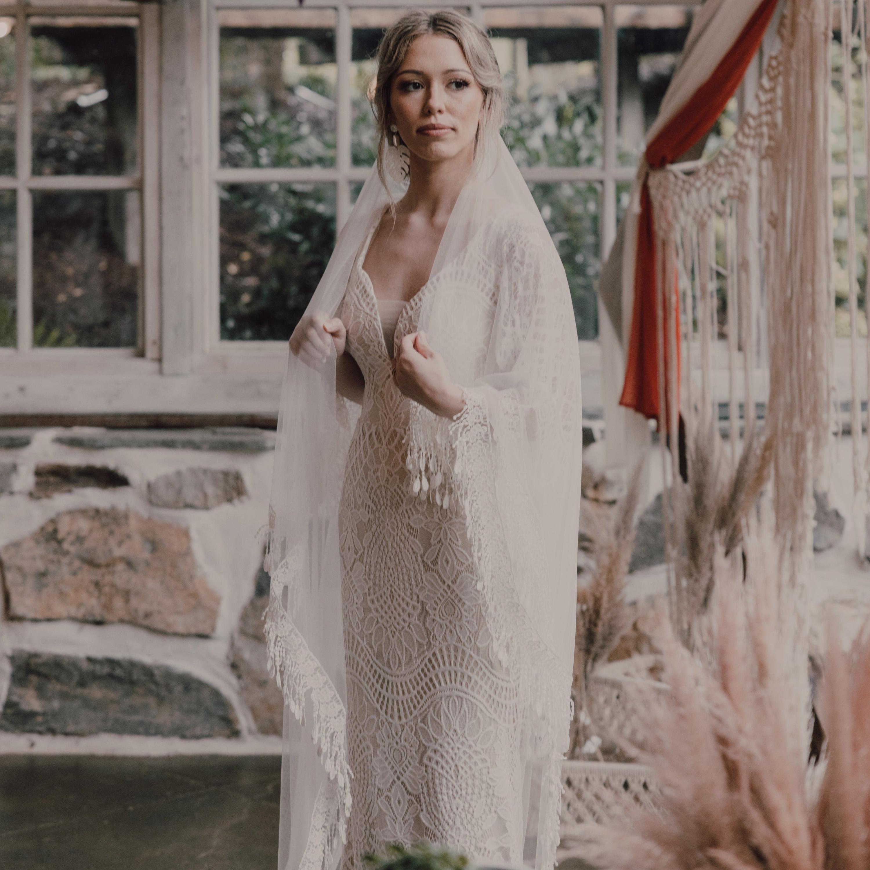 Boho Wedding Veil With Tassels | Two Layer Blusher Veil 