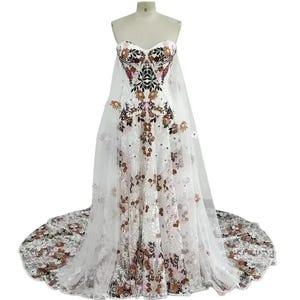 QUEEN LOLA | Colorful Floral Wedding Dress – Embroidered Bridal Gown with Removable Sleeves | Boho Wedding Dress | Queen Bridal