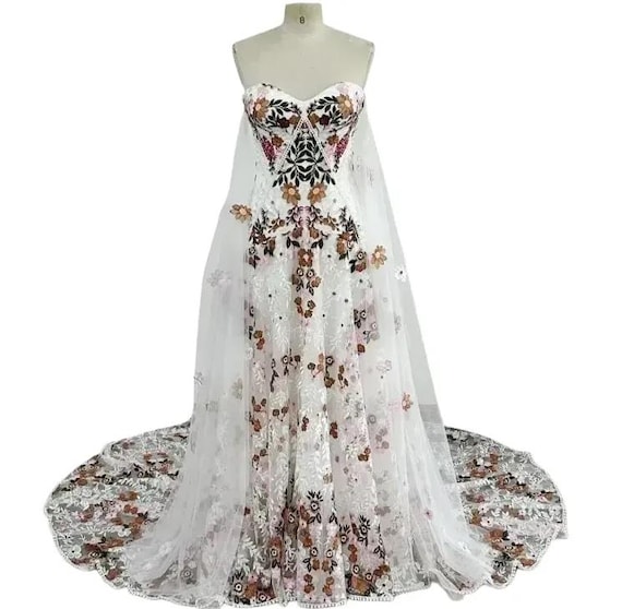 QUEEN LOLA | Colorful Floral Wedding Dress – Embroidered Bridal Gown with Removable Sleeves | Boho Wedding Dress | Queen Bridal