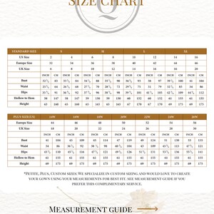 May include: A size chart with measurements in inches and centimeters for standard and plus sizes. The chart includes bust, waist, hips, hollow to hem, and height measurements, with sizes ranging from 2 to 26W.