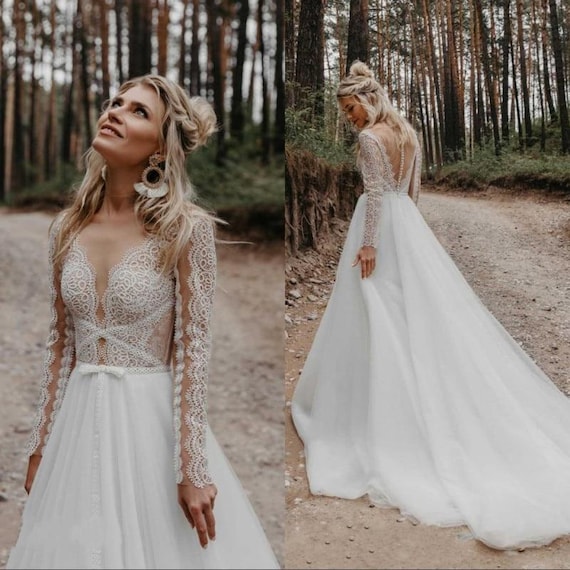 NEW VIDEO Queen Kenlee Long Sleeve Boho Lace Illusion Wedding Dress Comfortable Flowy Tulle Skirt With Illusion Open Button Back Etsy