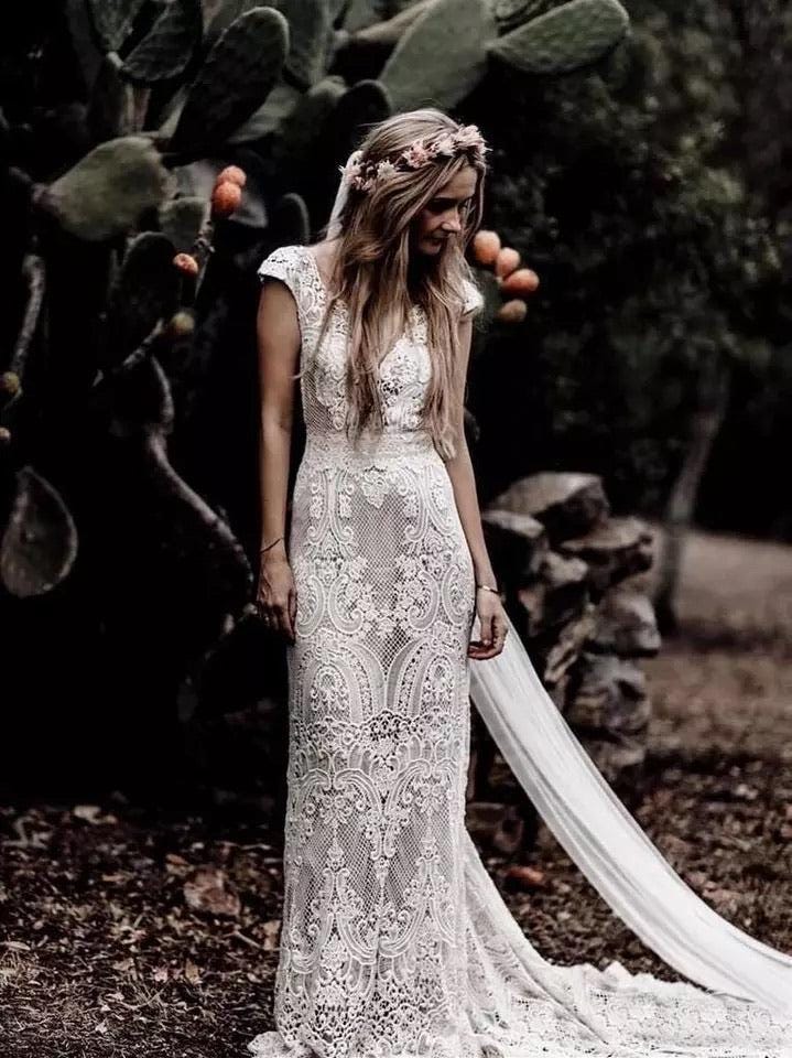 QUEEN MELISSA | Boho Wedding Dress | Lace Cap Sleeve Gown | Custom Size Bridal Gown | Handmade Crochet Wedding Dress