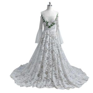 QUEEN HEATHER | Boho Crochet Lace Wedding Dress | A-Line Gown with Bell Sleeves & Open Back | Customizable Bridal Dress | Queen Bridal