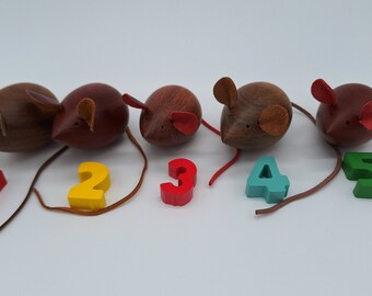 Hand turned wooden mouse with leather ears
