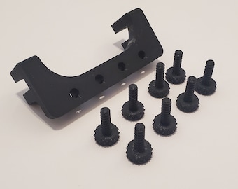 May include: A black plastic 3D printed part with eight black plastic screws. The part has a curved shape and several holes.