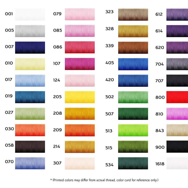 Może przedstawiać: Karta kolor&oacute;w prezentująca r&oacute;żnorodne kolory nici, każdy z odpowiadającym numerem. Kolory wahają się od bieli i pasteli po żywe odcienie niebieskiego, zielonego i czerwonego. Tekst na dole informuje, że kolory drukowane mogą się r&oacute;żnić.