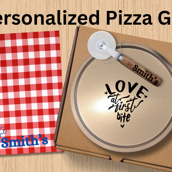 personalized pizza pan engraved pizza cutter embroidered hand towel pizza wedding gift pizza gift bundle pizza house warming gift box