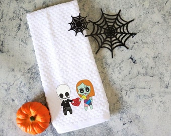 embroidered Jack and Sally towels ghost dog home decor Oogie hand towel embroidered kitchen towels Halloween kitchen decor Nightmare kitchen