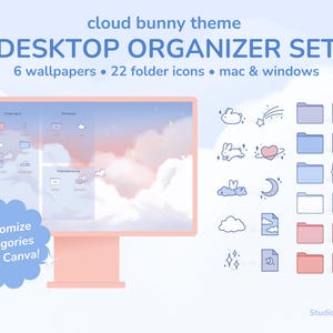 Cloud Bunny Theme Desktop Wallpaper Organizer, Desktop Folder Icons, Mac & Windows Compatible