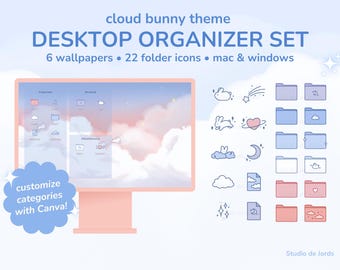 May include: A desktop organiser set with a cloud bunny theme. The set includes 6 wallpapers and 22 folder icons. The icons feature cute illustrations of bunnies, clouds, stars, and moons. The text "customize categories with Canva!" is included in the image.