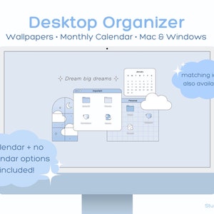 Blue Aesthetic Theme Desktop Wallpaper Organizer, 2025-2026 Monthly Calendar, Mac & Windows Compatible