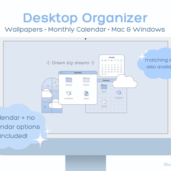 Blue Aesthetic Theme Desktop Wallpaper Organizer, 2024 Monthly Calendar, Mac & Windows Compatible
