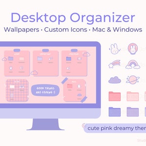 Organizador de fondos de escritorio con tema Pink Dreamy, iconos de carpetas de escritorio, compatible con Mac y Windows