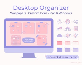 Pink Dreamy Theme Desktop Wallpaper Organizer, Folder Icons, Mac & Windows Compatible