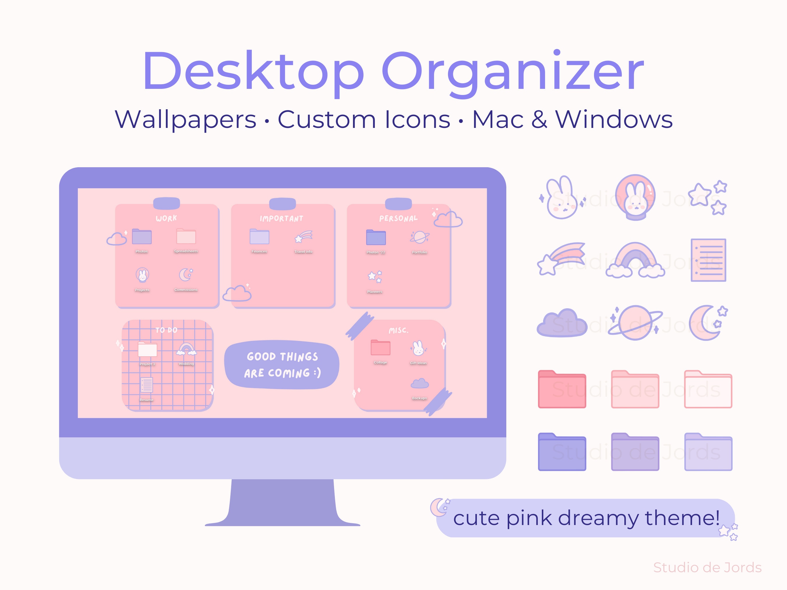 Pink Dreamy Theme Desktop Wallpaper Organizer Folder Icons Etsy