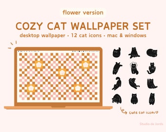 Cozy Cat Theme Wallpaper Set Flower Version, Desktop Wallpaper, Desktop Folder Icons, Mac & Windows Compatible